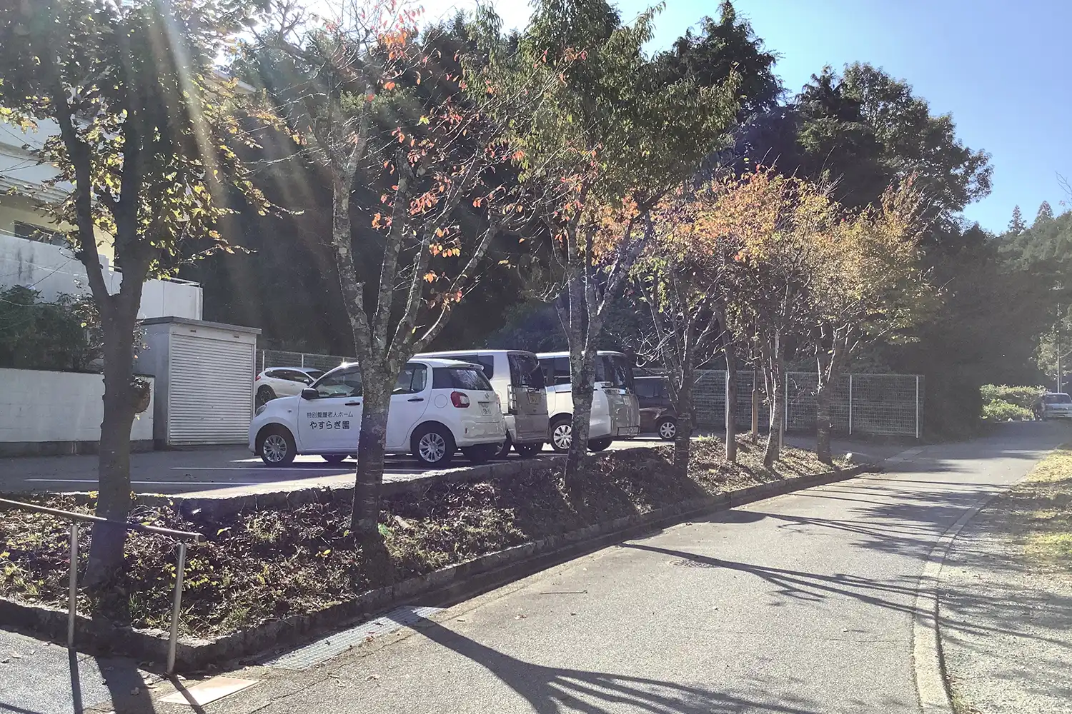 施設の駐車場と周辺の緑地。複数の送迎車が駐車されている外構エリア。